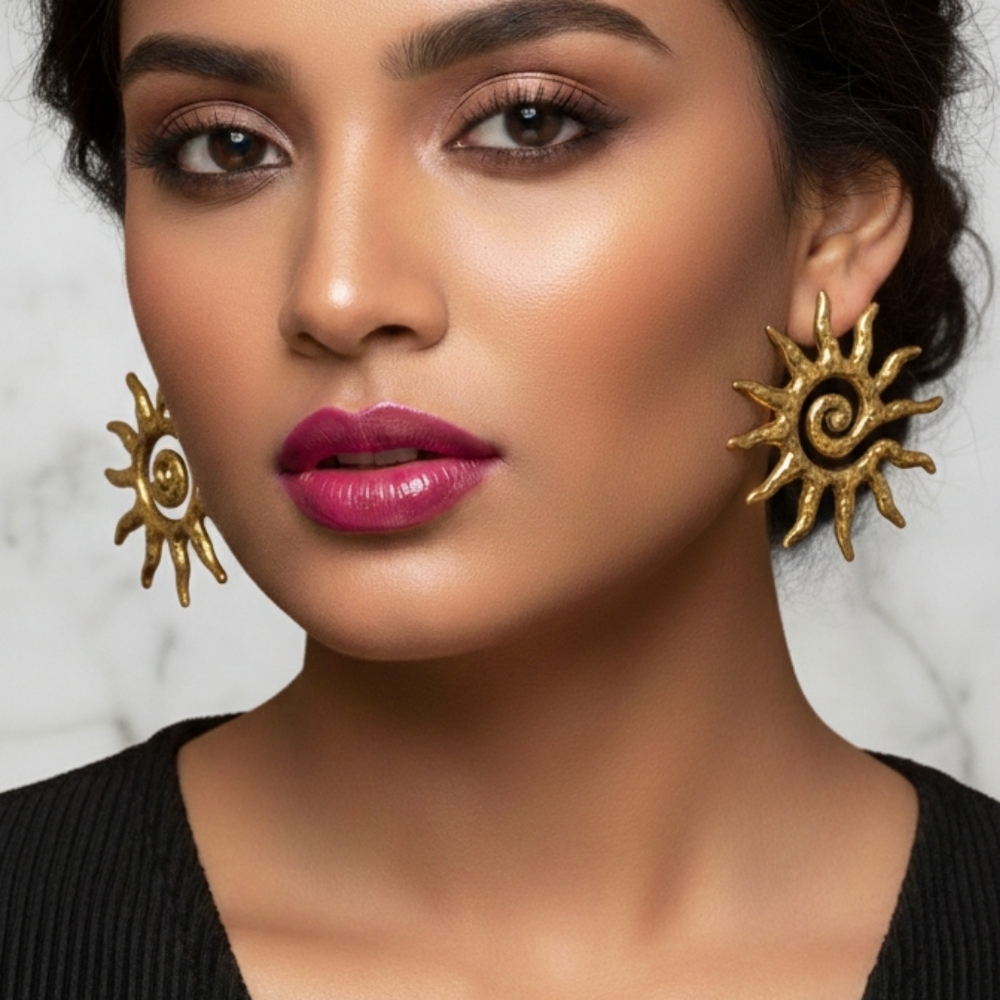 Gold Spiral Sunburst Earrings Stainless Steel